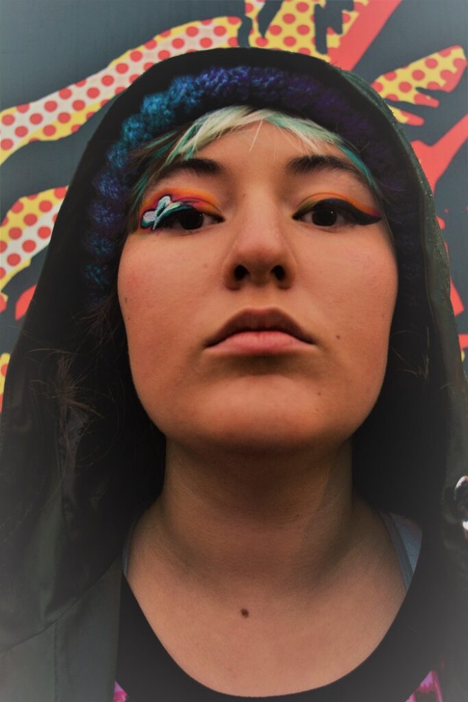 Woman dressed like a gang member with attitude